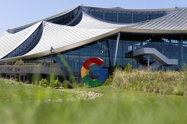 The logo of Google is seen outside Google Bay View facilities during the Made by Google event in Mountain View, California, U.S. August 13, 2024.
