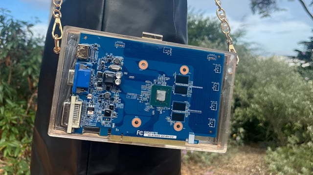 A promotional photo of an Nvidia GeForce GT 730 repurposed into a luxury purse