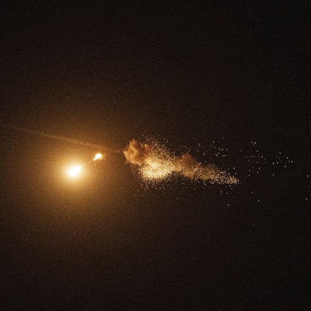 Ukrainian air defense intercepts a Shahed drone mid-air during a Russia aerial attack on the capital in Kyiv, Ukraine, Saturday, Sept. 7, 2024. Amid the Russian-Ukraine war a senior Ukrainian official on Monday is issuing a warning over reports that Iran has supplied short-range ballistic missiles to Moscow.