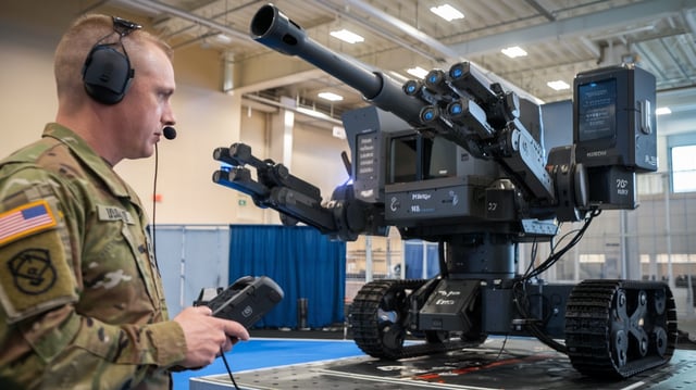 AI image of a robot working in a US military capacity / South Korea hosts REIAM summit on the responsible use of AI in the military domain.