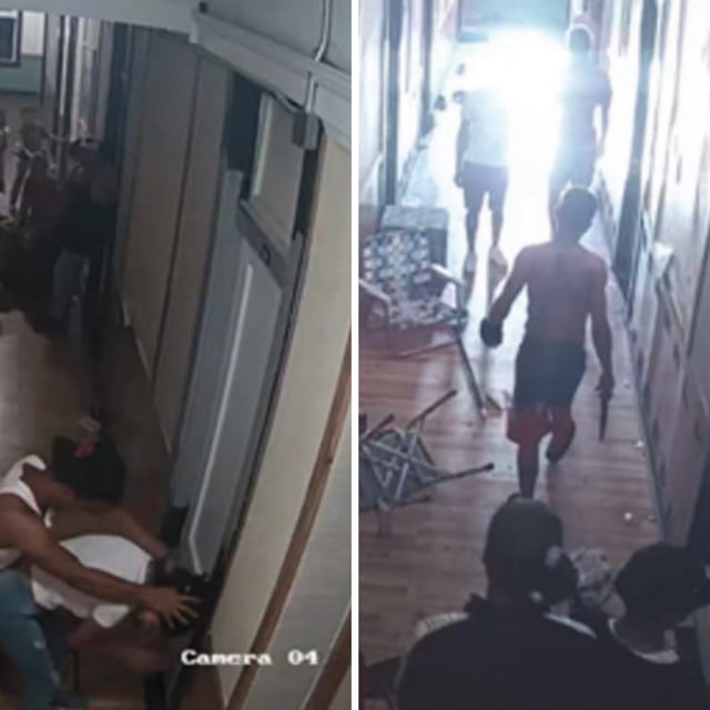 Video evidence presented in court shows individuals partying in hotel hallways, using weapons, and engaging in violence in front of children.