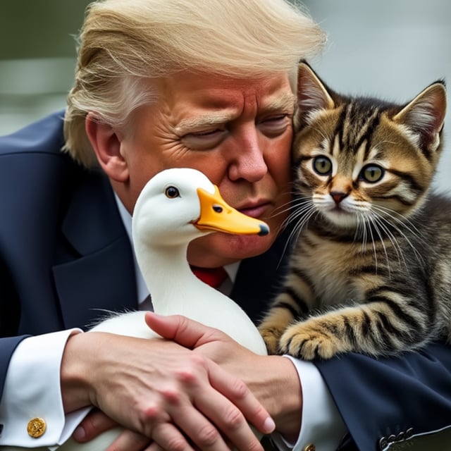 An AI-generated image of Donald Trump holding a kitten and a duck. Social media has been flooded with images, gifs and videos of Trump with animals.