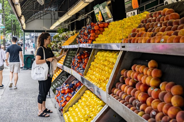 A shopper selects an avocado at a grocery store in New York City on Aug. 29, 2024.