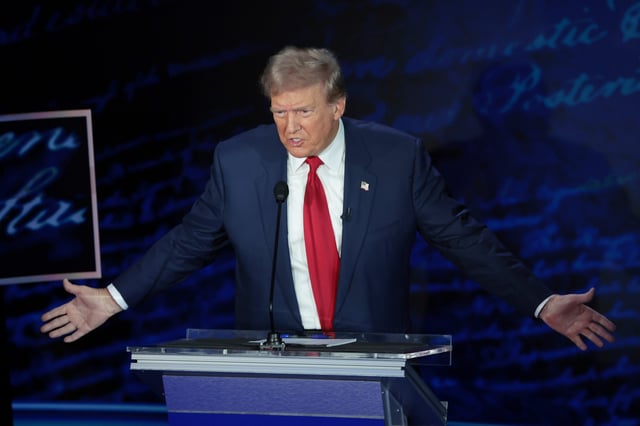 Former U.S. President Donald Trump, debates Democratic presidential nominee, U.S. Vice President Kamala Harris, for the first time during the presidential election campaign at The National Constitution Center on September 10, 2024 in Philadelphia