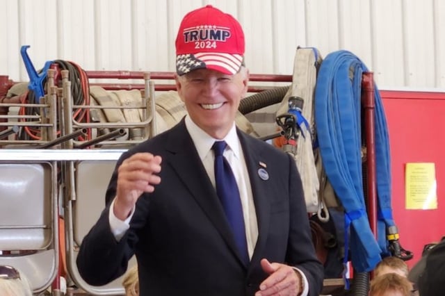 Joe Biden wearing a Trump hat