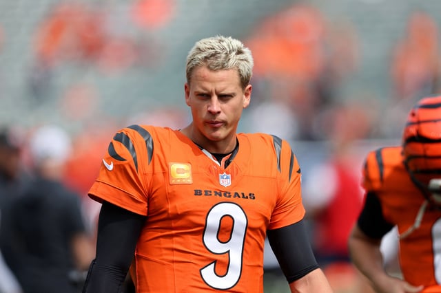 Sep 8, 2024; Cincinnati, Ohio, USA;  Cincinnati Bengals quarterback Joe Burrow (9) warms up before the game against the New England Patriots at Paycor Stadium. Mandatory Credit: Joseph Maiorana-Imagn Images