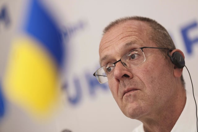 Doctor Hans Henri P. Kluge, WHO Regional Director for Europe, speaks to the media during a news conference in Kyiv, Ukraine, Thursday. (Evgeniy Maloletka / AP)