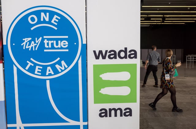 A WADA logo is seen at the World Anti-Doping Agency (WADA) Symposium in Lausanne, Switzerland, March 12, 2024. REUTERS/Denis Balibouse