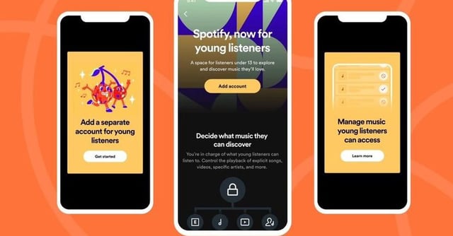 Simulated screenshots of Spotify managed account setup on three mobile devices, with controls for what the accounts can access and listen to.