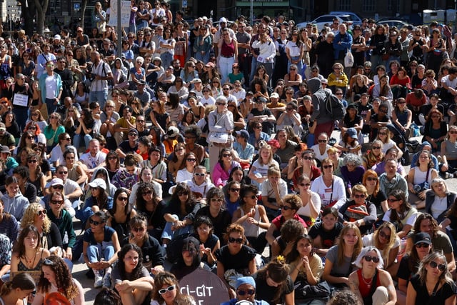 People attend a demonstration in support of Gisele Pelicot, who was allegedly drugged and raped by men solicited by her husband Dominique Pelicot, and of all rape victims, as the trial continues, near the courthouse in Marseille, France, September 14, 2024. REUTERS/Manon Cruz