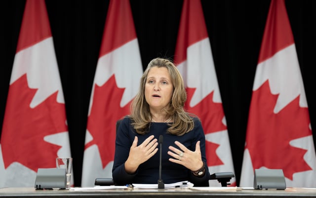 Deputy Prime Minister and Minister of Finance Chrystia Freeland responds to a question during a news conference, Monday, September 16, 2024 in Ottawa.  