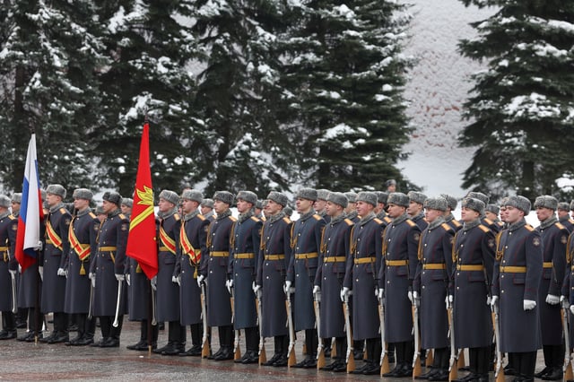 Russian honour guards line up during a wreath laying ceremony marking Defender of the Fatherland Day at the Tomb of the Unknown Soldier by the Kremlin Wall in Moscow, Russia, February 23, 2024. Sputnik/Alexander Kazakov/Pool via REUTERS/File Photo