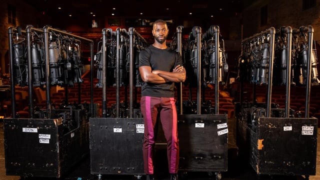 Los Angeles, CA - September 01: Playwright and Oscar-winning screenwriter Tarell Alvin McCraney is the new artistic director of Geffen Playhouse, and is photographed on the stage at the Los Angeles, CA, playhouse, Friday, Sept. 1, 2023. (Jay L. Clendenin / Los Angeles Times)