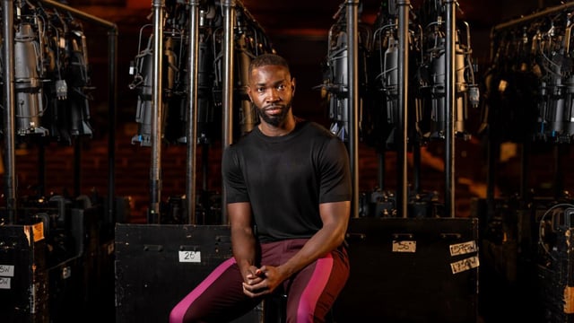 Los Angeles, CA - September 01: Playwright and Oscar-winning screenwriter Tarell Alvin McCraney is the new artistic director of Geffen Playhouse, and is photographed on the stage at the Los Angeles, CA, playhouse, Friday, Sept. 1, 2023. (Jay L. Clendenin / Los Angeles Times)