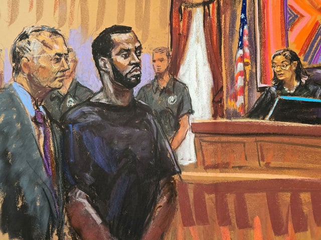 Sean "Diddy" Combs and his defense lawyer Marc Agnifilo stand before U.S. Magistrate Judge Robyn Tarnofsky after prosecutors brought three criminal charges against him in federal court in the Manhattan borough of New York City, U.S., September 17, 2024 in this courtroom sketch. REUTERS/Jane Rosenberg