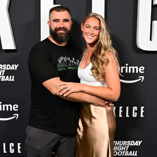 Jason Kelce and wife Kylie Kelce attend the premiere of "Kelce" on September 8, 2023 in Philadelphia, Pennsylvania. Recently, Kylie Kelce shared her reaction to the ESPN analyst's viral dance moves.
