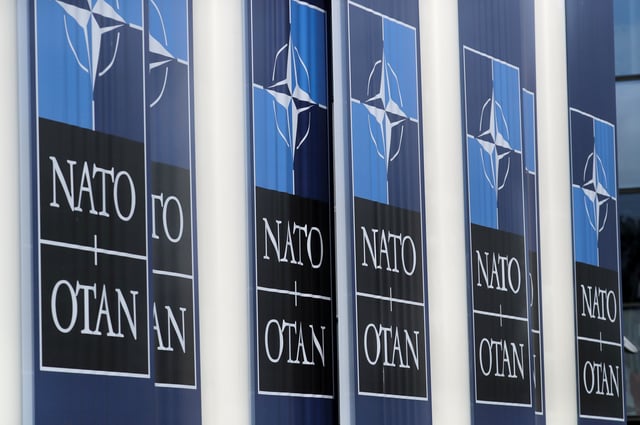 NATO logos are seen at the Alliance headquarters ahead of a NATO Defence Ministers meeting, in Brussels, Belgium, October 21, 2021. REUTERS/Pascal Rossignol/File Photo