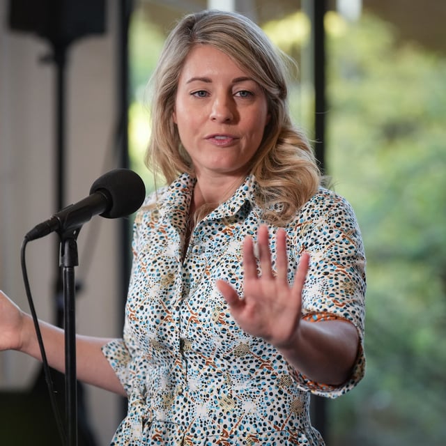 Minister of Foreign Affairs Melanie Joly speaks to reporters at the Liberal caucus retreat in Nanaimo, B.C., on Tuesday, September 10, 2024. THE CANADIAN PRESS/Darryl Dyck