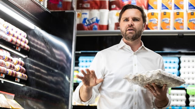 Republican vice presidential nominee Sen. JD Vance, R-Ohio, visits Kingfood Supermarket in Reading, Pa., Saturday, Sept. 21, 2024. (Sean Simmers/The Patriot-News via AP)