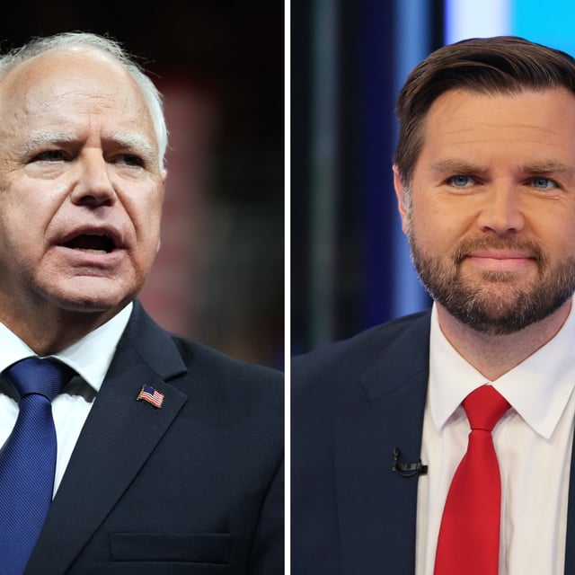 Minnesota Governor Tim Walz speaks at Temple University in Philadelphia on August 6, 2024. Ohio Senator JD Vance appears at Fox News Channel Studios in New York City on September 11, 2024. Walz and Vance are set to face off in their debate in New York on October 1.