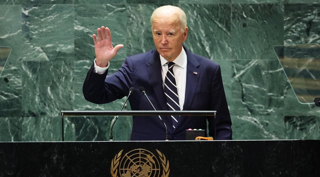 U.S. President Joe Biden waves as he leaves the stage during the United Nations General Assembly (UNGA) at the United Nations headquarters, New York, Sept. 24, 2024. (Michael M. Santiago/Getty Images)