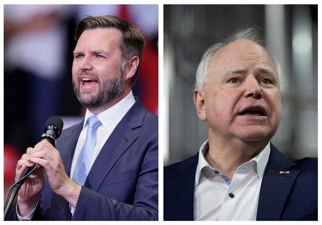 A combination picture shows Republican vice presidential nominee U.S. Senator J.D. Vance (R-OH) speaking during his first rally as Republican presidential nominee and former U.S. President Donald Trump's running mate, in Grand Rapids, Michigan, U.S. July 20, 2024, and Minnesota Governor Tim Walz speaking inside the Earth Rider Brewery in Superior, Wisconsin, U.S., January 25, 2024. REUTERS/Tom Brenner/File Photo