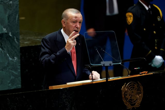 Turkey's President Tayyip Erdogan gestures as he addresses the 79th United Nations General Assembly at U.N. headquarters in New York, U.S., September 24, 2024.  REUTERS/Shannon Stapleton/File Photo